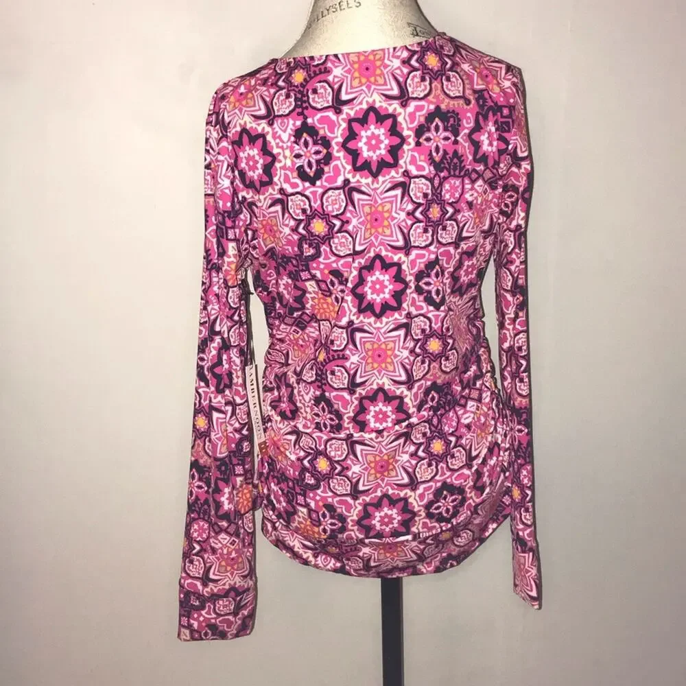 NEW AmberNoon II UPF 50 Half-Zip Swim top Rash Guard pink print long sleeve sz M